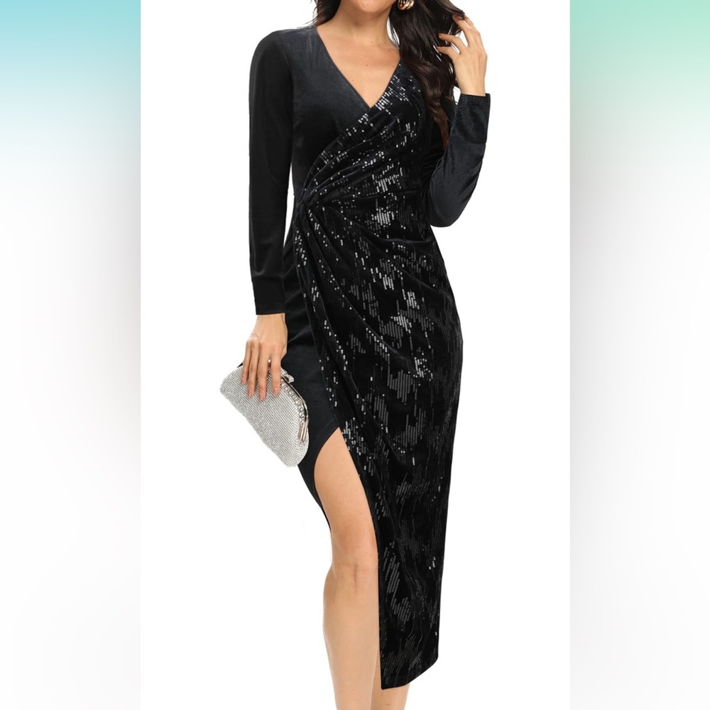 Sequin and Velvet Wrap Long Sleeve Dress - wrap dress, v neck